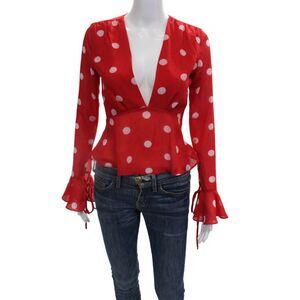 LPA Womens Polka Dot Blouse Red Size 2XS
